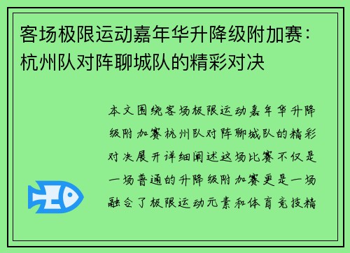 客场极限运动嘉年华升降级附加赛：杭州队对阵聊城队的精彩对决